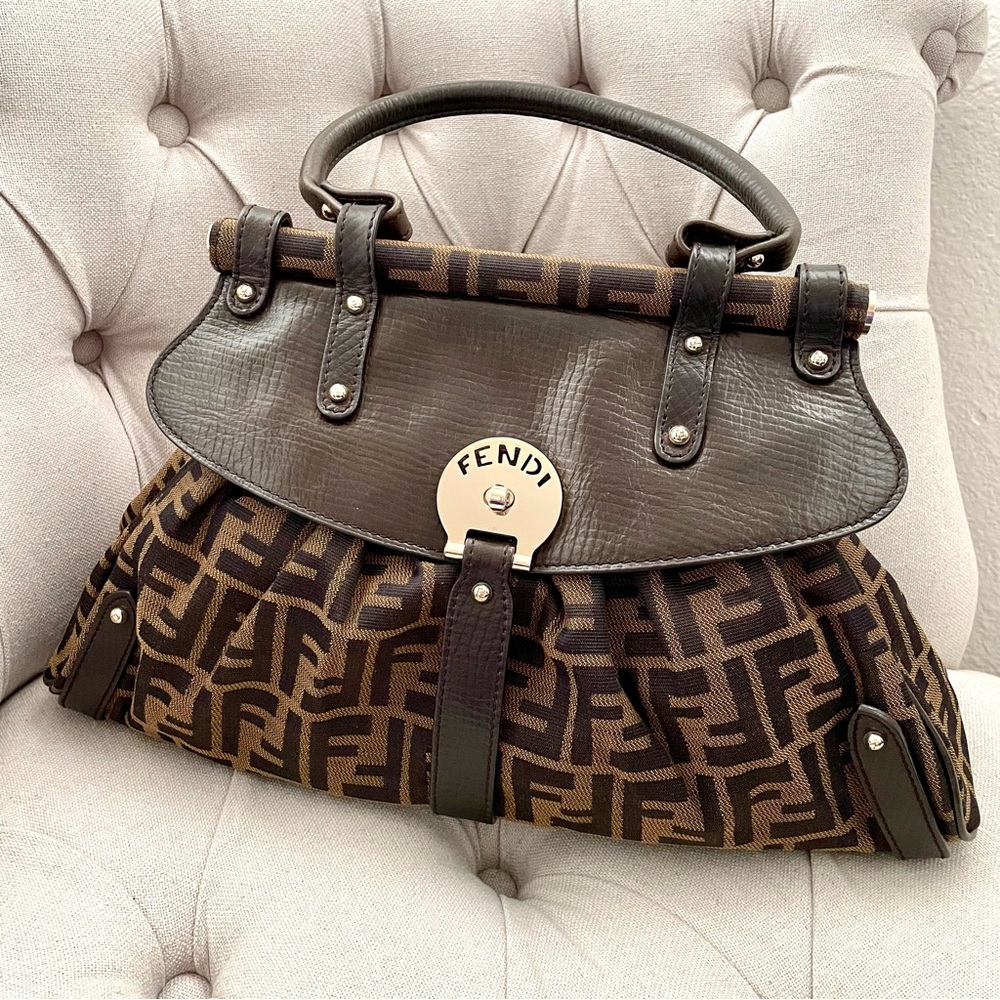 🤎 Auth Fendi Zucca magic top handle 8BN144 bag Leather Canvas Brown W/ dust bag